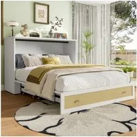 Merax Schrankbett 140x200cm mit USB- & Steckdosenanschluss (ohne Matratze, 1-St., mobil & platzsparend) umbaubares Plattformbett Wandklappbett mit Schublade,Regal am Kopfende