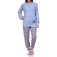Normann Pyjama Damen Frottee Pyjama, Schlafanzug langarm mit süßem Katzen-Motiv