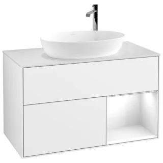 Villeroy und Boch Finion Waschtischunterschrank G901GFGF 100cm, Abdeckplatte white matt, Emotion, Regale Glossy white lacquer, Glossy white lacquer