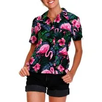 King Kameha Hawaiihemd Flamingo Flowers Funky Hawaiibluse Damen Kurzarm Front-Tasche Stylish