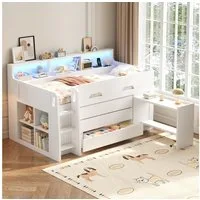 Flieks Kinderbett Niedriges Hochbett 90x200cm, mit drei Schubladen, beweglichem Schreibtisch, LED-Leiste & Aufladen