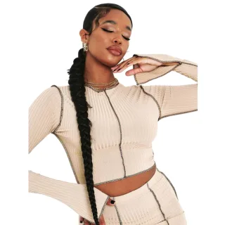 Missy Empire - Kurzes Top für Damen, gerippt, Geschlitzte Ärmel (Steinfarben)