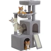 PAWZ Road Kratzbaum Kratzbaum 104cm Katzenbaum mit 2 geräumigen Höhle für Wohnungskatzen, gepolsterter Sitzstange, Kratzpad und abziehbarer Spielball grau