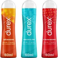 durex Gleitgel Play Fun Mix Wärmend + Prickelnd + Strawberry (3 x 50ml), Ausprobier-Set, 3-tlg., kondomgeeignet