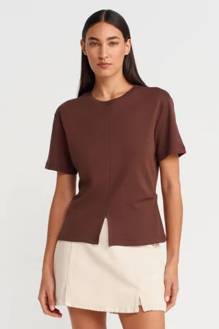 Damen Baumwoll T-Shirt mit Rundhalsausschnitt und Schlitz