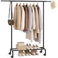SONGMICS Kleiderständer ausziehbare Kleiderstange, Garderobenständer, 40 x (83-120) x 156 cm, (auf Rollen), Stahlrohren, erhöhte Ablagestange, bis 45 kg belastbar, tintenschwarz