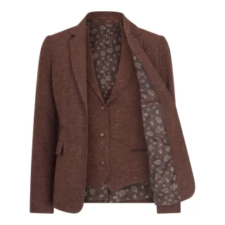 Rostbraunes 2-teiliges Set für Damen, Fischgrätenmuster, Woll-Tweed, karierter Blazer und Weste