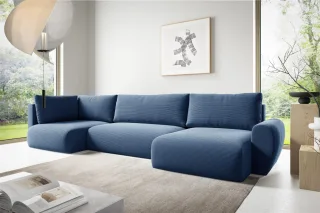 Wohnlandschaft Schlafsofa GALAN Stoff Poso Blau Ottomane Rechts
