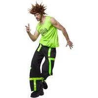 dressforfun Hippie-Kostüm Technotänzer/Discofan, Gr. XL, Reißverschluss und Gürtelschlaufen, in schwarz/grün, Ärmelloses Shirt aus neongrünem Satinstoff, Knopf