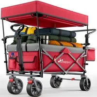 TRESKO Bollerwagen TRESKO Faltbarer Bollerwagen Handwagen (Feststellbremsen (Vorne & Hinten) und 3-Punkt-Gurt, max. belastbar bis 150kg Transportwagen mit Vollgummireifen), Faltbar mit Dach, Kühlfach & Seitenrollos Handwagen