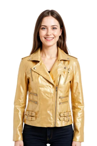 Damen Leder Gold Brando Bikerjacke-Constantia