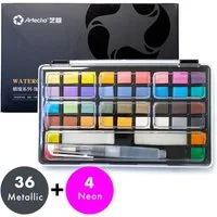 Artecho Aquarellfarbe Set– 40 Wasserfarben inkl. Perlglanz & Neon mit Wasserpinsel & Schwamm, Ideal für Anfänger & Hobbykünstler