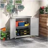 Outsunny Geräteschrank Outdoor, wetterfest, mit Arbeitsplatte, Doppeltür, Einlegeboden (Geräteschuppen, 1-St., Gartenschrank Holz) für Garten, Terrrasse, Grau
