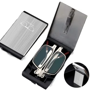 2 in 1 Portable Folding Reading Glasses with Metal Glasses Case Mobile Phone Holder HD Anti-Fatigue Anti-blue Light Pres