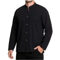 PANASIAM Langarmhemd Fischerhemd Herren - Fisherman Shirt aus 100% Baumwolle ohne Kragen leichtes Sommerhemd mit Holzknöpfen - Langarmhemd auch Mittelalterhemd