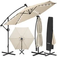 tectake Ampelschirm Sonnenschirm mit Doppeldach und LED Solar-Beleuchtung, 3,5 x 3,5 m, Balkonschirm Artemis, für Außen in Beige, 360° drehbar, wasserabweisend, neigbar, Kurbel, inkl. Schutzhülle