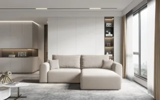 Ecksofa Sofa FLAVIO mit Schlaffunktion Stoff Castel Beige Ottomane Rechts