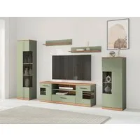 OTTO home Wohnwand Ribe: 5‑teilig, Oberplatte aus Massivholz, viel Stauraum, Trendfarbe, (5-St), Breite: 260cm, Glaseinsatz aus gehärtetem Glas, variable Einlegeboden