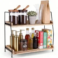 BlingBin Küchenregal 38×19×38 cm Gewürzregal aus Holz & Metall, 2 Etage Organizer-Regal, 1er Set 1-tlg., Stehend Gewürzständer mit Arbeitsplatte für Küche, Zuhause, Büro
