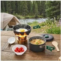 Outsunny Geschirr-Set Camping Kochgeschirr Set mit Anti-Verbrühungsgriffen Topf Pfanne (8-tlg), 2 Personen, Aluminium, Metall, für Outdoor Wandern Picknick BBQ Grau
