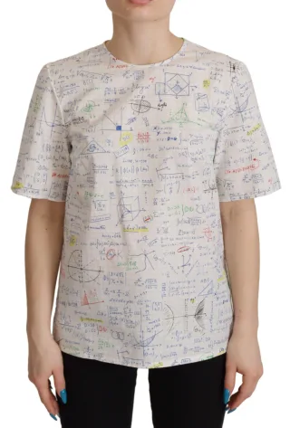 Dolce & Gabbana Weißes Baumwoll-T-Shirt mit Algebra-Print für Damen mit kurzen Ärmeln