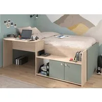 Parisot Hochbett Matre (Stauraumbett in Salbei grün und Eiche, 90 x 200 cm) mit Schreibtisch