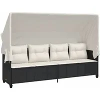 vidaXL Gartenliege Sonnenliege mit Dach und Kissen Schwarz Poly Rattan, 1 St.