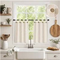 Rosnek Scheibengardine Vorhang Leinenoptik 2er Set, Kurzgardinen mit Knöpfen, Boho Natur, Cafehausgardinen für Küche, Wohnzimmer, Büro & Wohnmobil