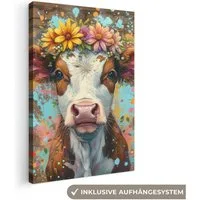 OneMillionCanvasses® Leinwandbild Kuh - Graffiti - Tiere - Blumen - Straßenkunst, Fotodruck (1 St), Leinwand Canvas Wandbild, Wanddekoration 20x30 cm