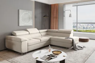 Ecksofa Sofa JADE Stoff Cover Beige mit Schlaffunktion Ottomane Rechts
