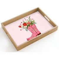 OnlyWow Tablett Rechteckig mit Henkel Cowboystiefel - Rosa - Strauß - Blumen, Eichenholz, (1-tlg), Siervierplatte, Tray, Frühstücksbrett