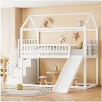 Merax Hochbett (1-St., Stockbett Jugendbett Massivholzbett Hausbett) Massiv Kinderbett 90x200cm mit Rutsche Stauraumleiter Sicherheitszaun