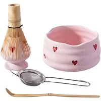 Norvéa Home Teeservice Matcha Set Rosa Herzdekor – 6-tlg. Matcha-Zubehör aus Keramik, 6 tlg. Set für traditionelle Matcha-Zubereitung