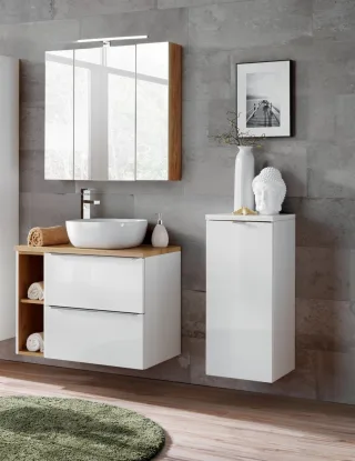 Badmöbel Set 6-tlg Badezimmerset PERUGIA Weiss HGL inkl.Waschbecken
