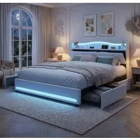ADWOLT Stauraumbett Polsterbett Doppelbett Mit Schubladen (Packung, 1-tlg), 140x200 cm,Mit LED-Licht und USB,4 Schubladen,Samt - Beige