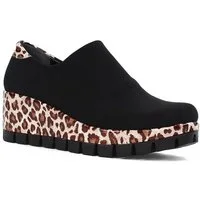 Celal Gültekin Keilabsatz Plateau Schuhe Damen Slip-on Stretch Schlupfform Keilsneaker Stretch, Leopardenmuster-Sohle, Schwarz/Beige/Leo, 37