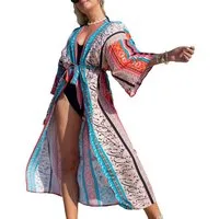 MOPUEA Strandkleid Damen Strandponcho Boho Kimono Cover Up Lang Sommer Cardigan (Strandponcho, 1 langer Strandponcho im Boho-Stil mit offener Vorderseite) Leicht Atmungsaktiv Oversize Boho Print Offene Vorderseite