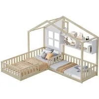 Merax Kinderbett 90x200cm/140x70cm mit Lattenrost (Geeignet für zwei Kinder, 242.5 x 205 x 170.5 cm), Massivholzbett Hausbett mit Rausfallschutz, Schornstein und Regalen