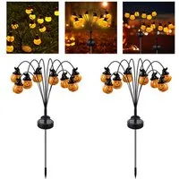 QUBEBU Gartenleuchte Halloween Kürbis Gartenlichter 60 LED Halloween Deko Solarlampen, 2 Stk., LED fest integriert, Swinging Solarleuchten Gartenlicht für Außen Rasen Gehweg Landschaft, Halloween Deko Licht Outdoor, Halloween LED Gartenbeleuchtung