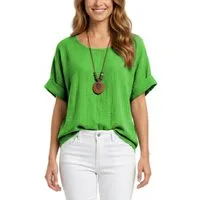 dy_mode Kurzarmbluse Damen Kurzarm Bluse Leichte Sommer Tunika Baumwollbluse Oberteil in Unifarbe, mit passende Kette