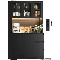 Homfa Küchenbuffet Küchenschrank Buffetschrank mit LED Sideboard schwarz mit Steckdosenleiste & Arbeitsplatte 180x100x38,5cm