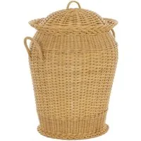Krines Home Wäschetonne Wäschekorb Wäschetonne Wäschesammler Ø 50 cm aus echtem Rattan, rund mit Deckel und Inlett