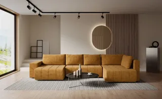 Wohnlandschaft Schlafsofa ARMANDA in Stoff Blur Honiggelb langer Schenkel Rechts