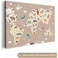OneMillionCanvasses® Leinwandbild Weltkarte Kinder - Tiere - Braun - Jungen - Mädchen, Fotodruck (1 St), Leinwand Bilder Klein, Wand Dekoration Aesthetic 30x20 cm