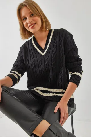 V-Ausschnitt Rippstrickpullover mit Baklava-Muster