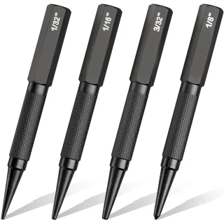4Pcs Nail Punch & Center Punch Set Hardened Cr-V Steel Black Oxide Finish Knurled Grip Sizes 1/32 1/16 3/32 Nail Punch 1
