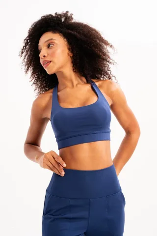 JUSTEVER Leicht stützender, herausnehmbarer, marineblauer Sport-BH für Damen mit Rückendetail - Surge