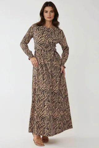 Bedrucktes Maxikleid mit Rundhalsausschnitt und Gürtel