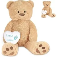 BRUBAKER Kuscheltier XXL Teddybär Beige 100 cm mit Hello Baby Herz (Stofftier Plüschtier, 1-St), Kuscheltier Geschenk für Geburt, Babyparty, Gender Reveal