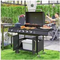 Outsunny Gasgrill inkl 5 Edelstahl-Brenner, Rolle, Seitenkocher, Deckel, BBQ Gartengrill, 15,2 KW Grillwagen, für Balkon, Grill 129,5 x 56 x 110 cm